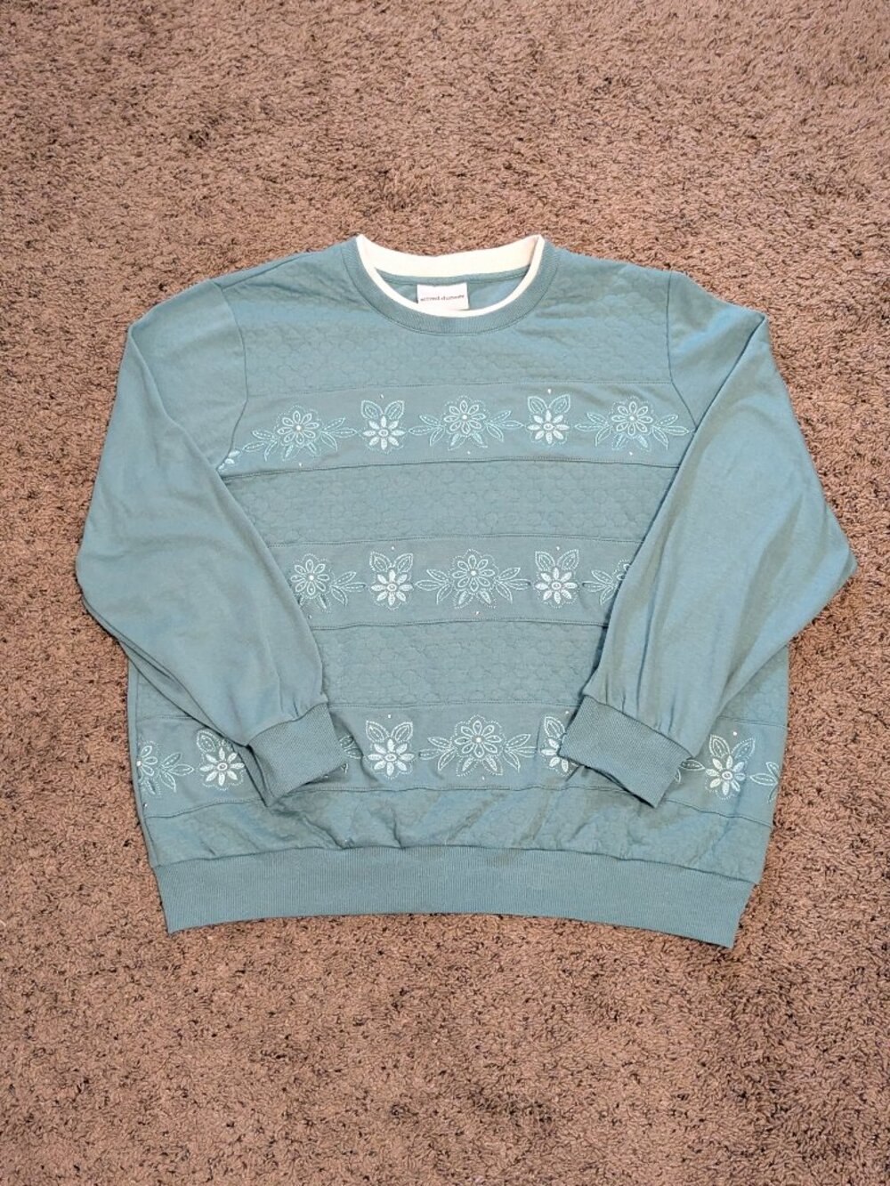 Alfred Dunner Teal Floral Embroidered Crewneck Sweatshirt XL